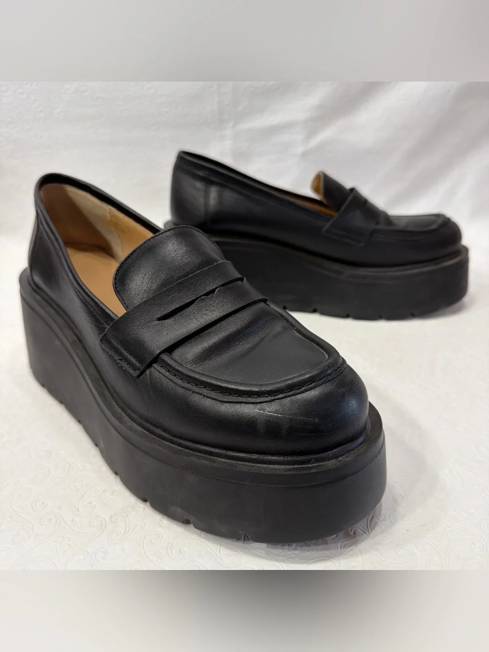 Maeve Anthropologie Platform Black Leather Slip On Penny Loafers Size 41 Chunky